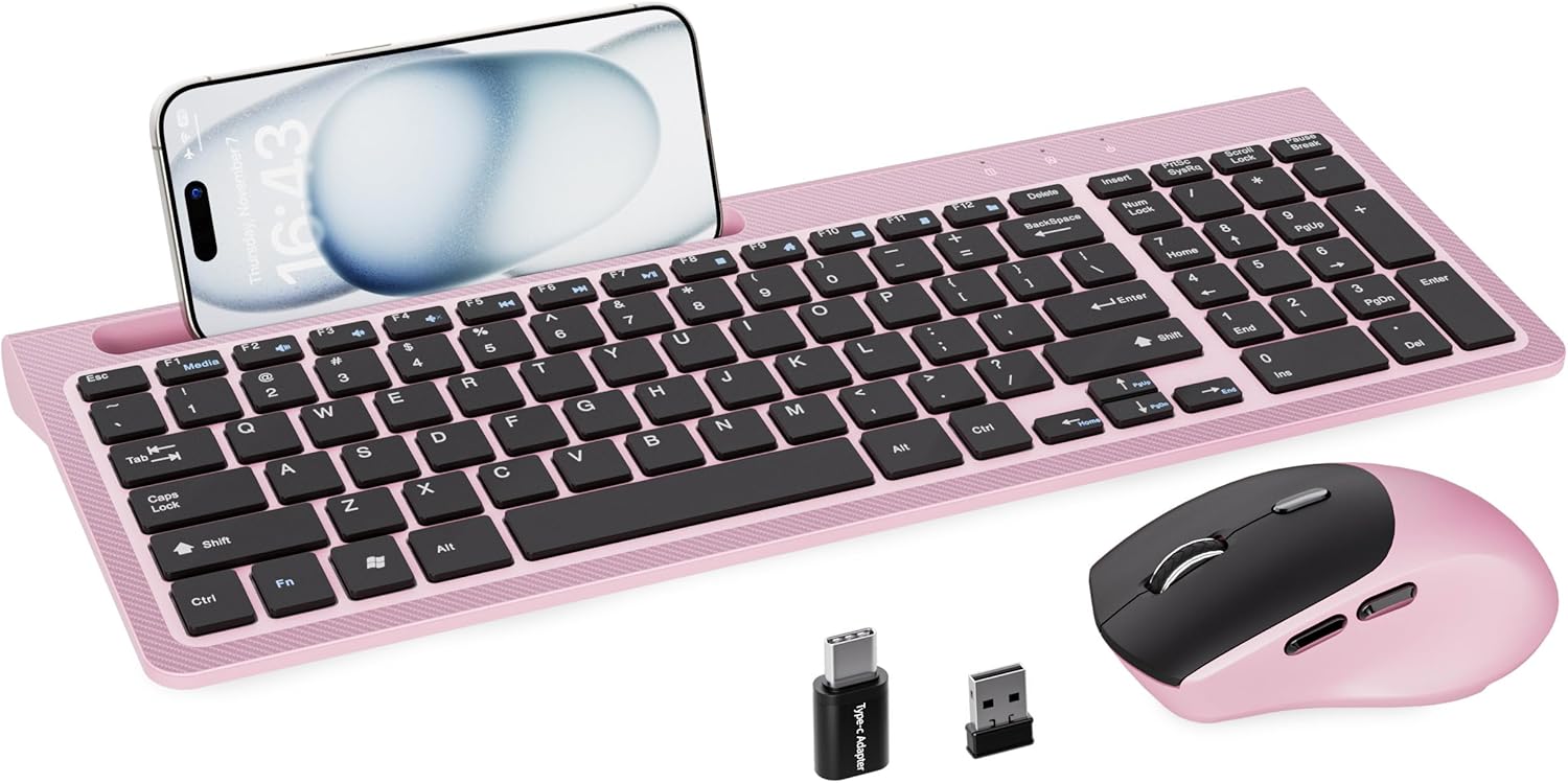 Pink Ergo Keyboard Mouse Set, Wireless 2.4GHz, Phone Holder