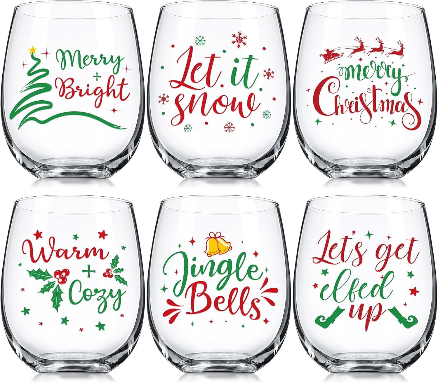 Umigy Set of 6 Christmas Stemless Wine Glasses for Festive Fun