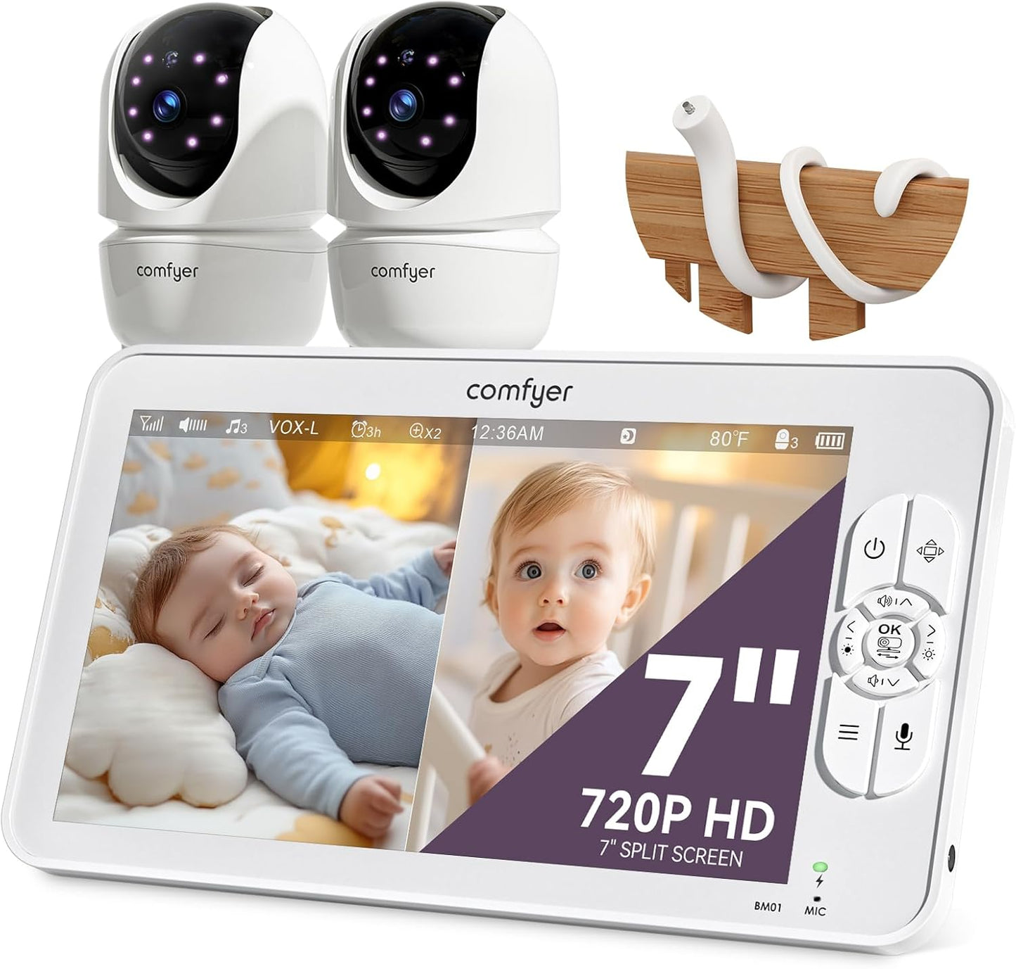 Comfyer Split-Screen Baby Monitor - Dual Camera, HD Display, No WiFi, VOX, 2-Way Audio