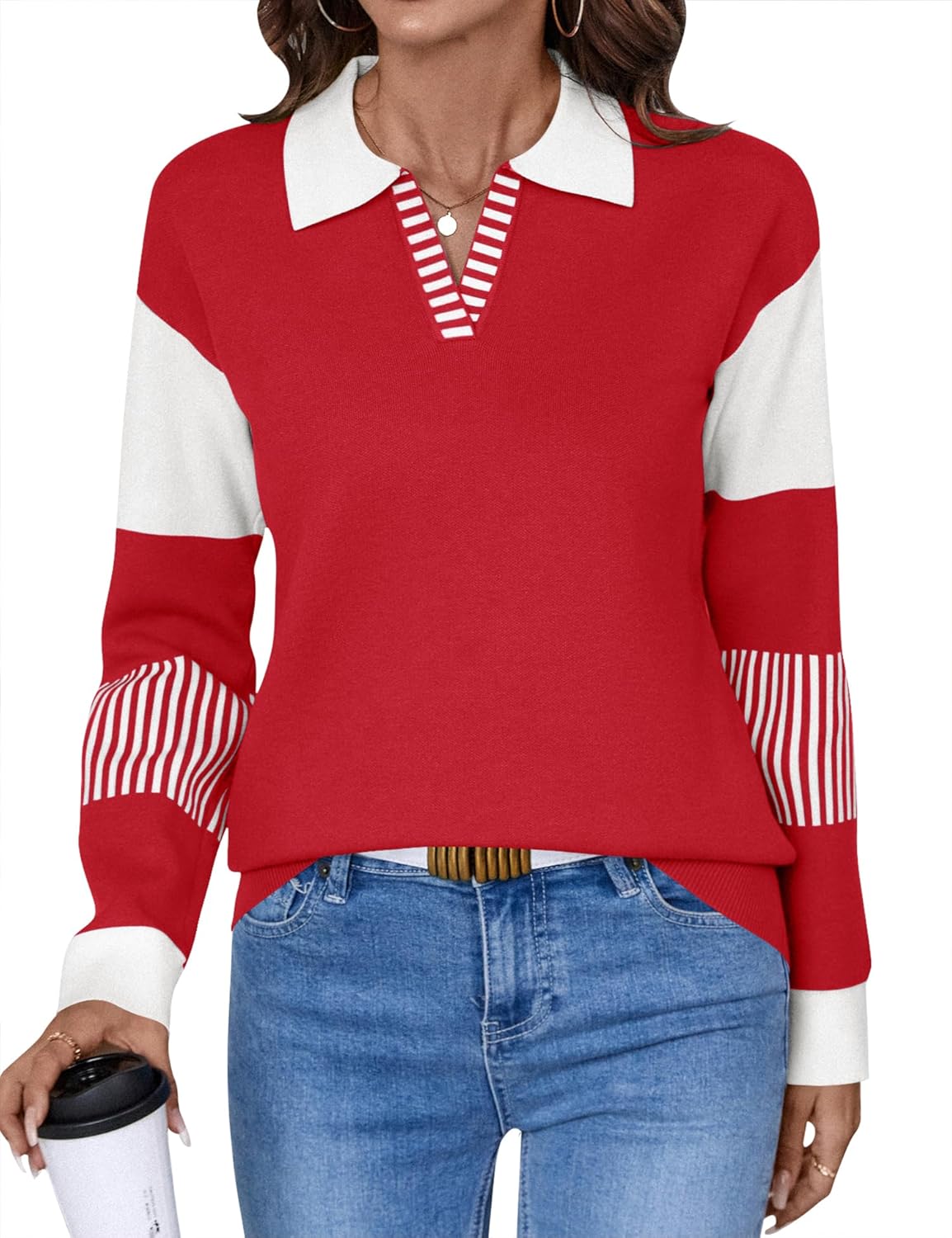 LOMON V Neck Long Sleeve Loose Sweaters for Cozy Style