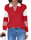 V Neck Long Sleeve Color Block Striped Knitted Pullover - Cozy Style