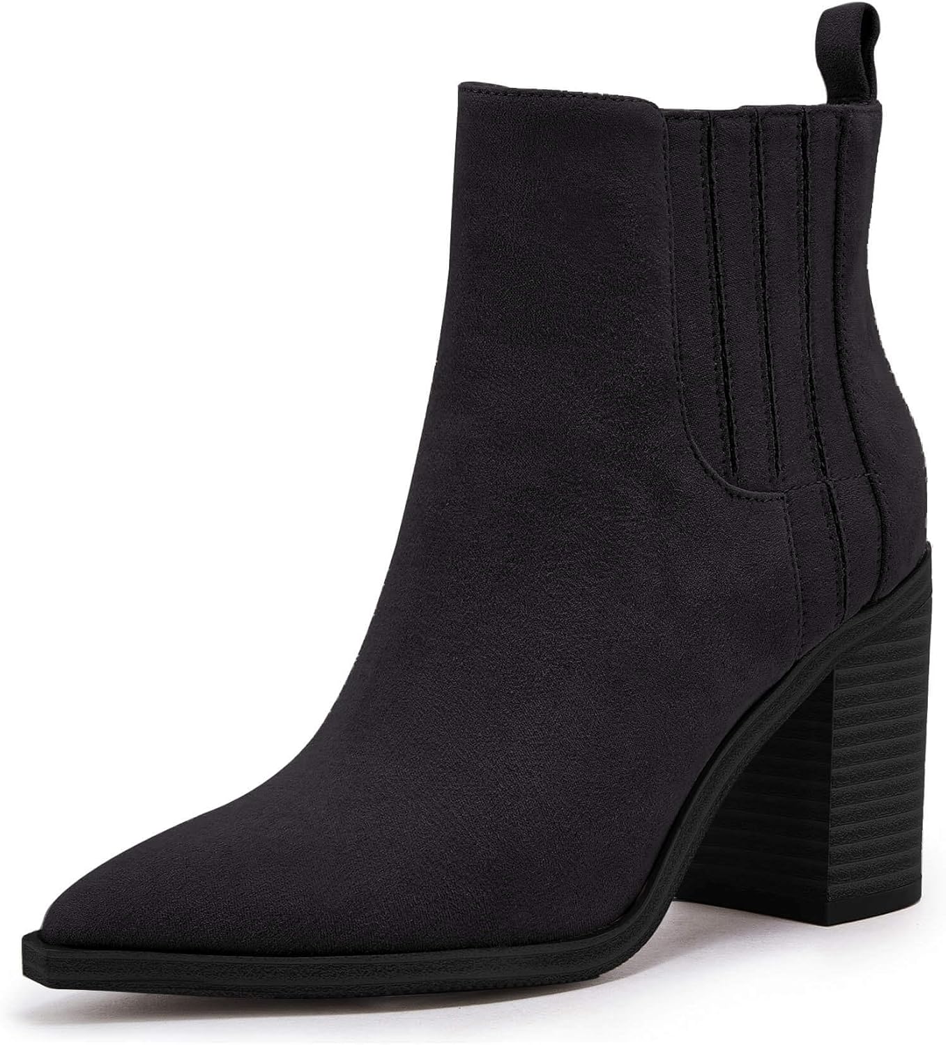 Womens Ankle Boots Slip on Pointed Toe Chunky Block Mid Heel