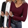 Ekouaer Womens 3 Pack V Neck Ribbed Long Sleeve Tops - Slim