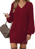 Women's Lantern Sleeve V Neck Knit Mini Sweater Dress - Cozy Fall Made