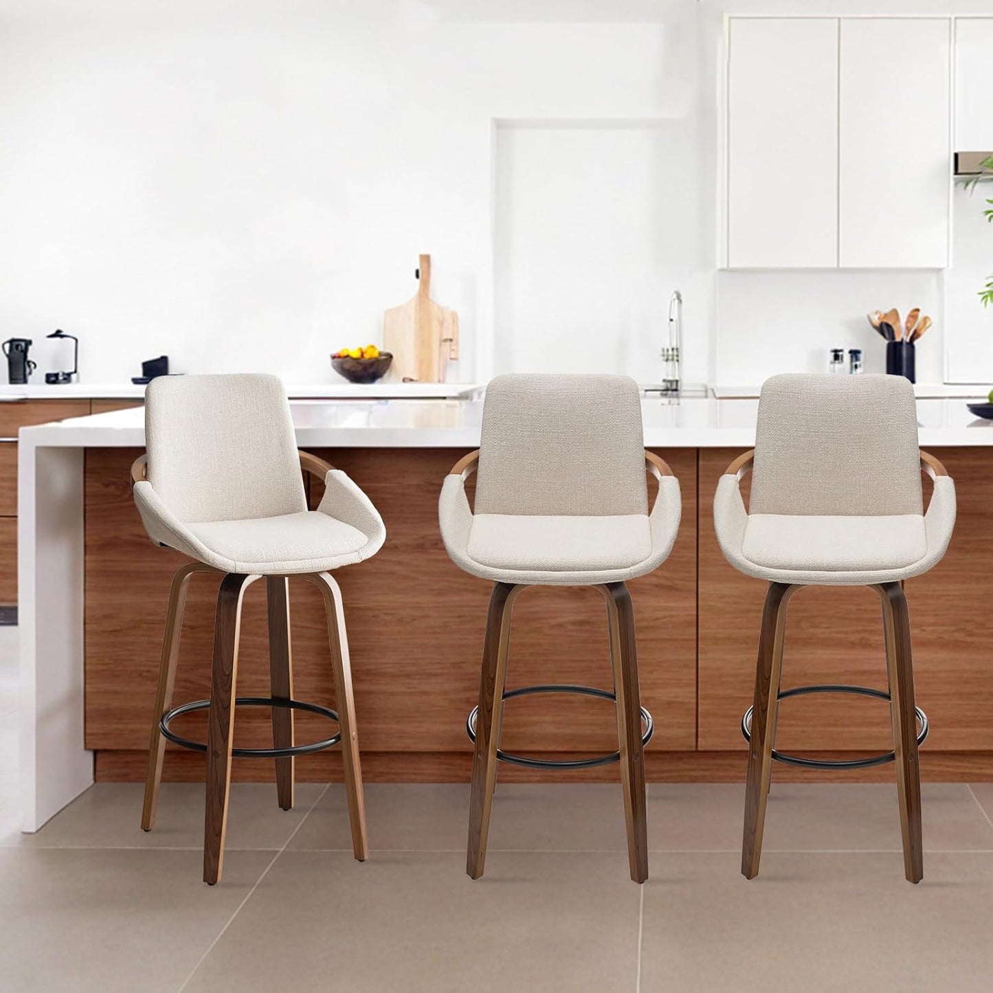 Mid Century Modern Barstools Set with Charcoal Beige Upholstery