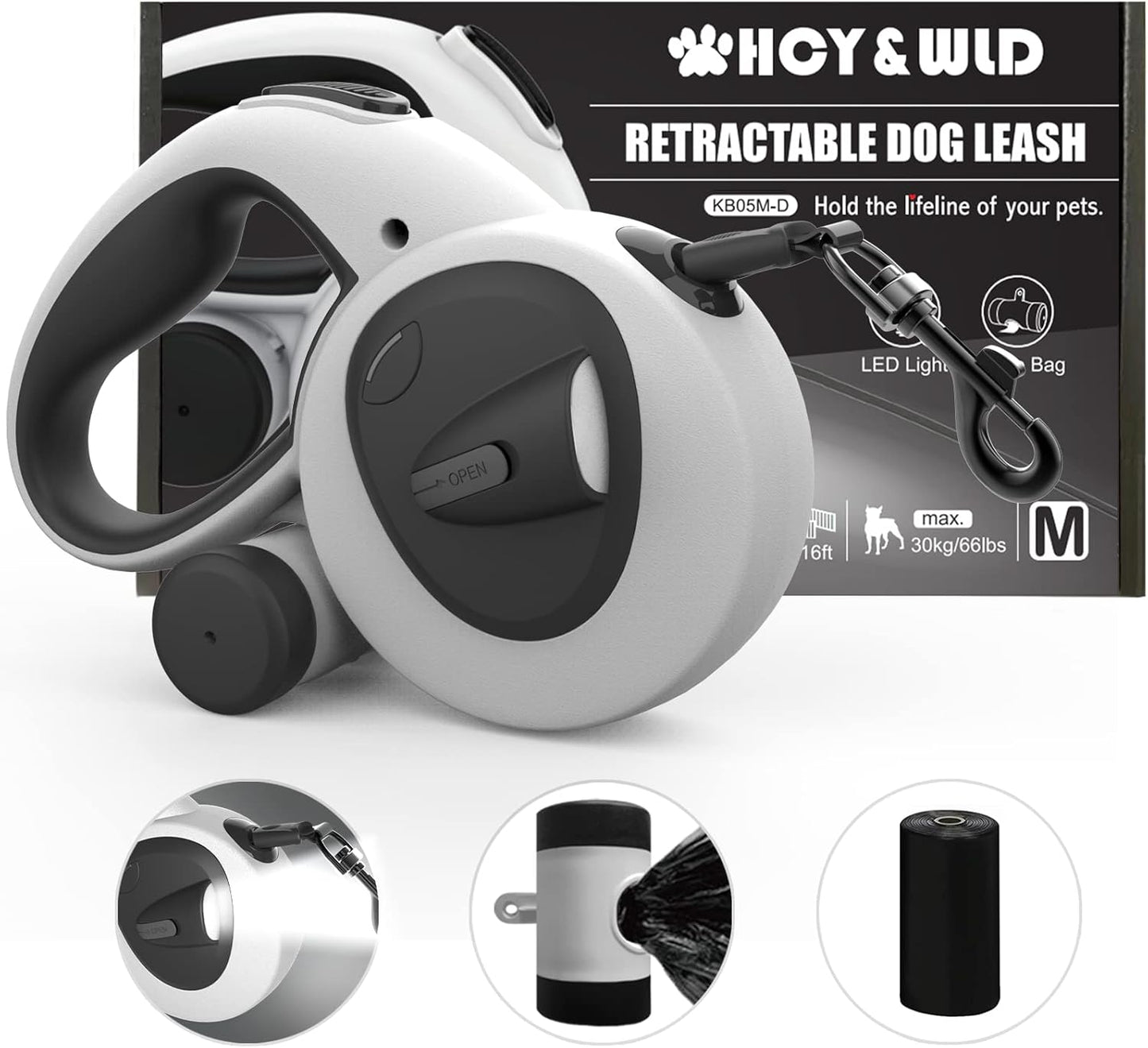 Upgrade 4-in-1 Retractable Dog Leash with LED Light & Poop Bags