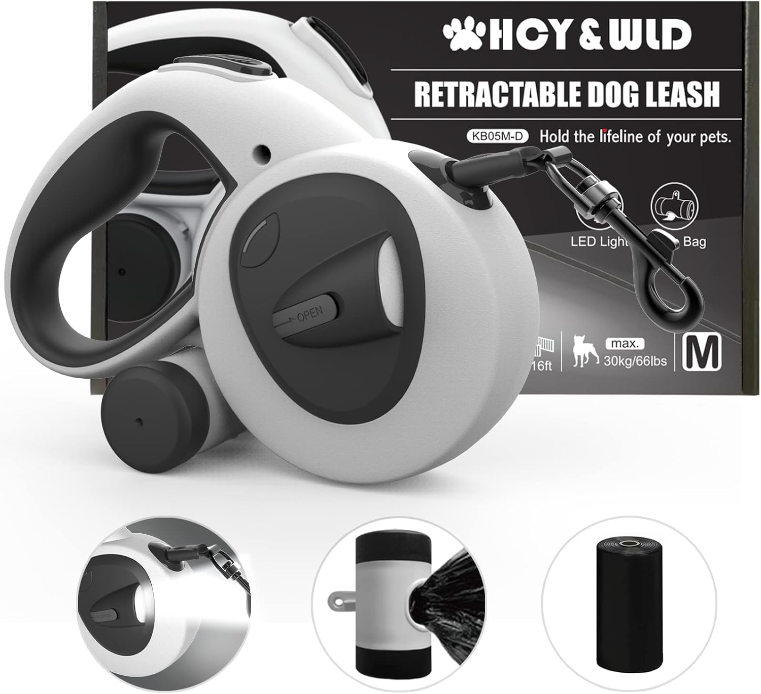 Upgrade 4-in-1 Retractable Dog Leash with LED Light & Poop Bags