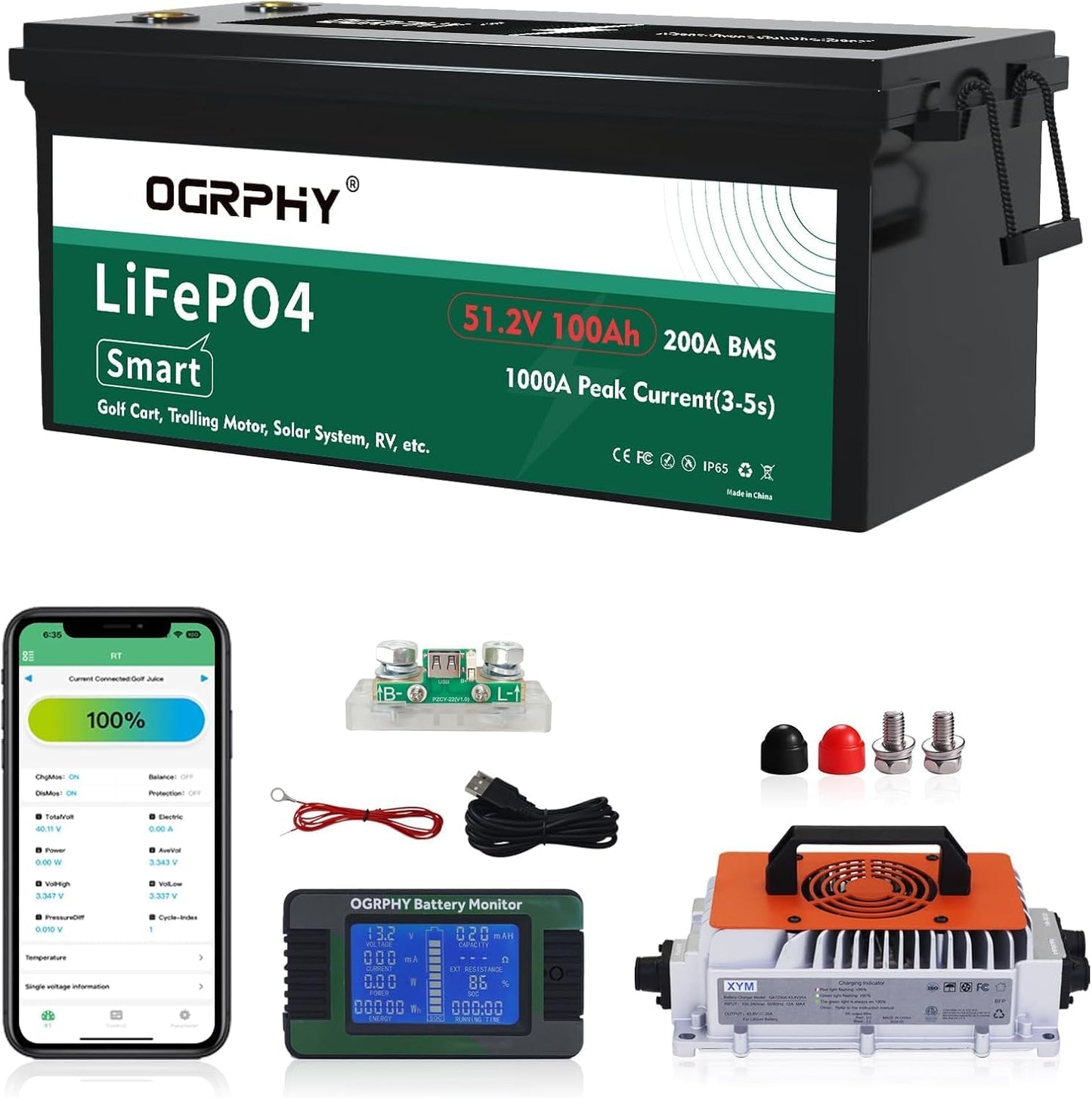 48 Volt Lithium Battery for Golf Cart with 200A BMS and LCD