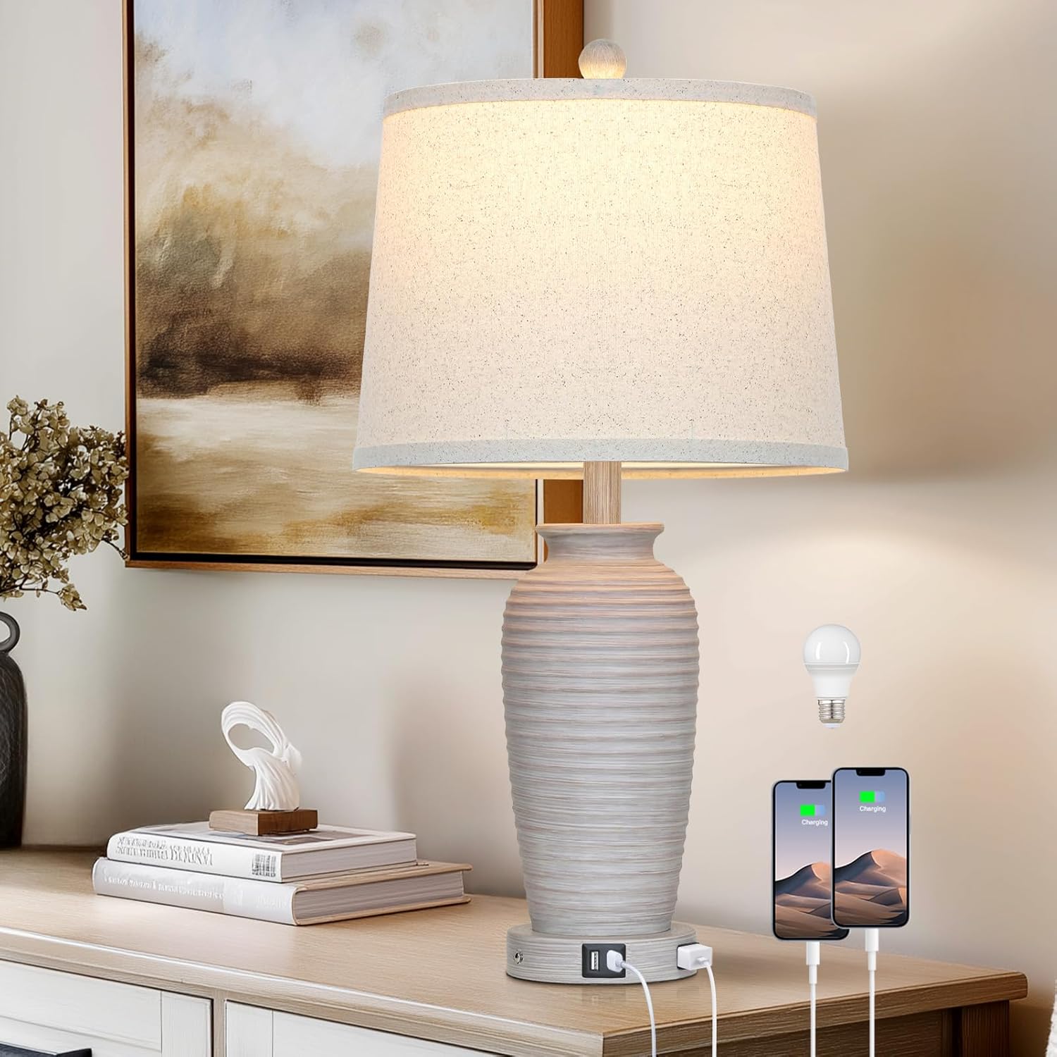 25 Vintage Farmhouse Jar Table Lamps with USB Ports and AC Outlet