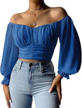 Womens Off The Shoulder Puff Sleeve Chiffon Crop Top - Slim Fit