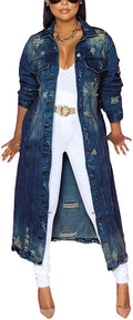 chouyatou Women's Maxi Ripped Denim Trench Coat - Vintage Style