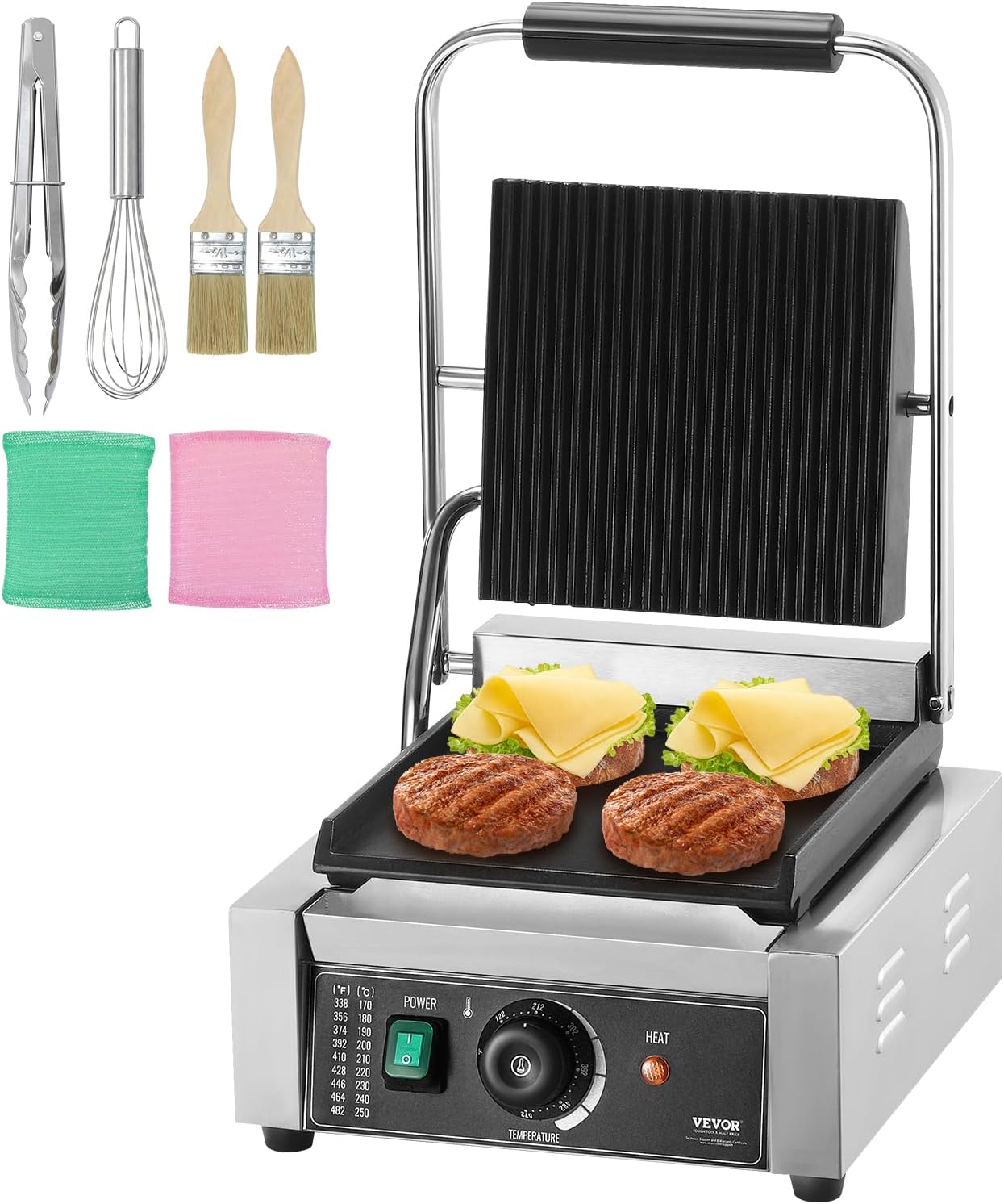 1800W VEVOR Panini Grill - Temp Control & 9x9 Plate