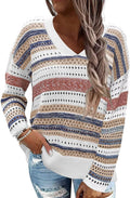 FEKOAFE Women's Striped Color Block V Neck Knit Sweater Pullovers