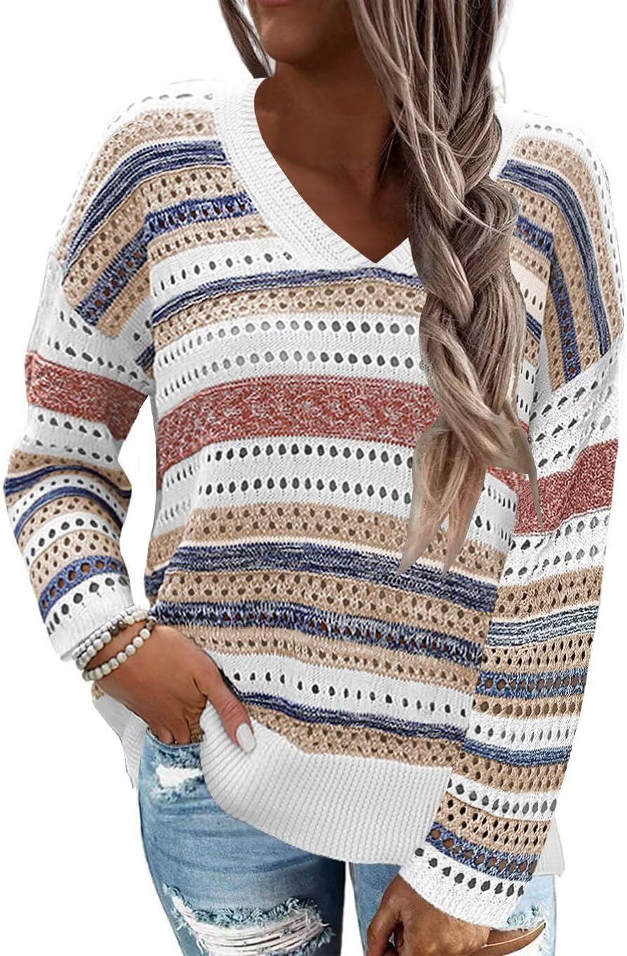 FEKOAFE Women's Striped Color Block V Neck Knit Sweater Pullovers