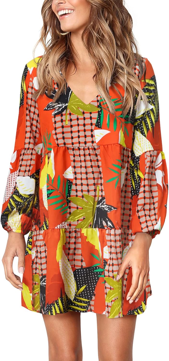 Amoretu Womens Tunic Dress Long Sleeve V Neck Casual Style