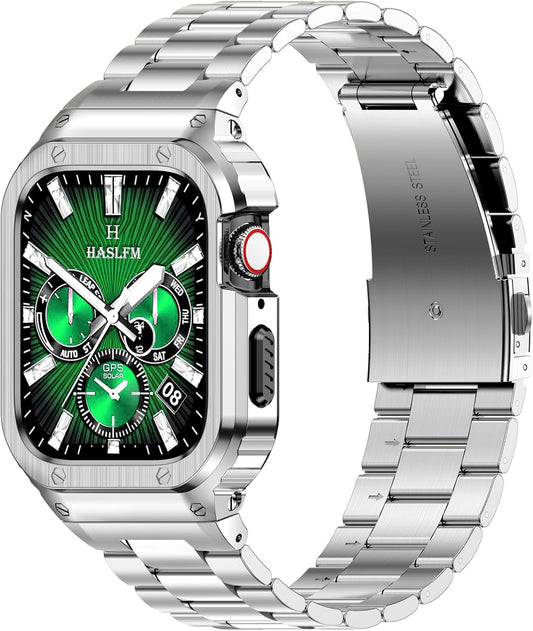 HASLFM Stainless Steel Band with Case for Apple Watch Series 9 8 7