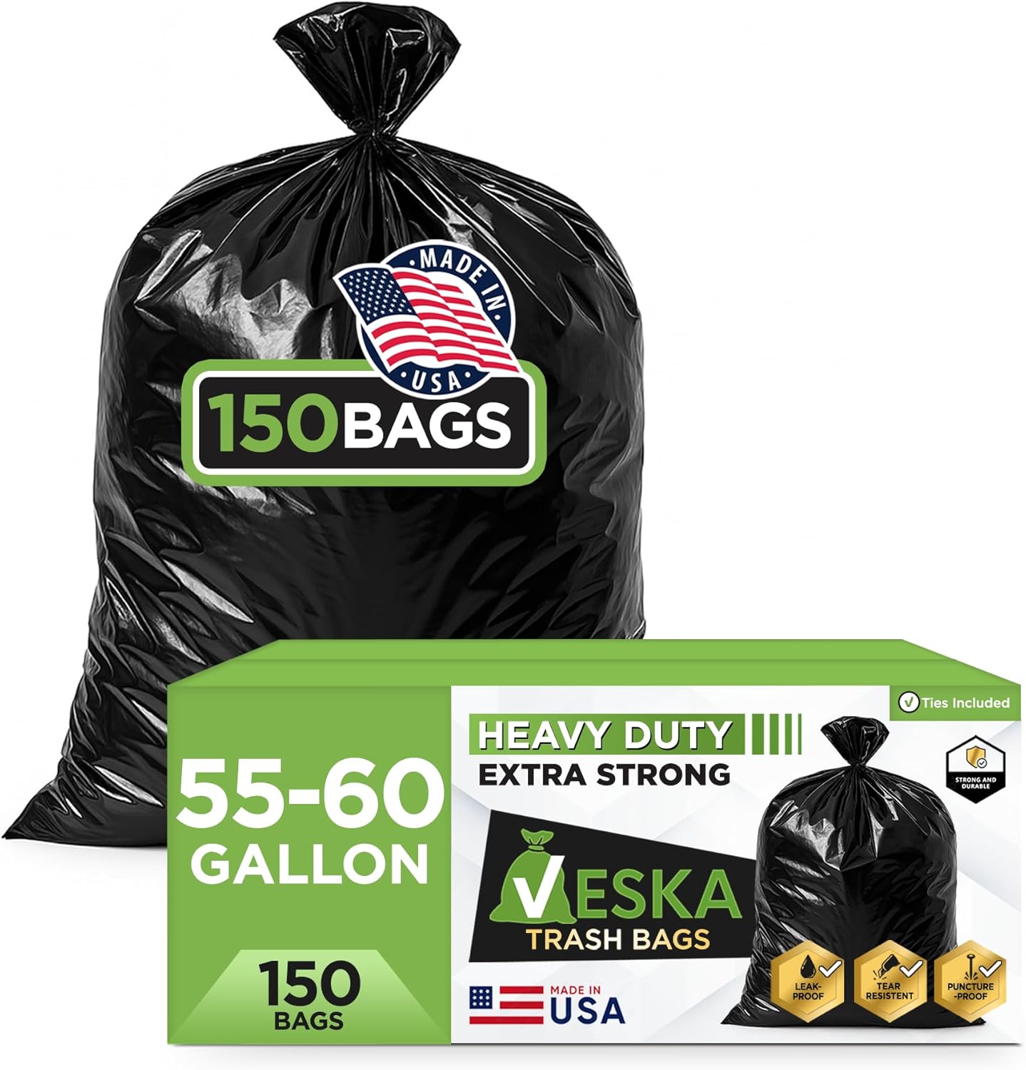 Veska 55-60 Gallon Trash Bags - Heavy Duty Black Garbage Bags