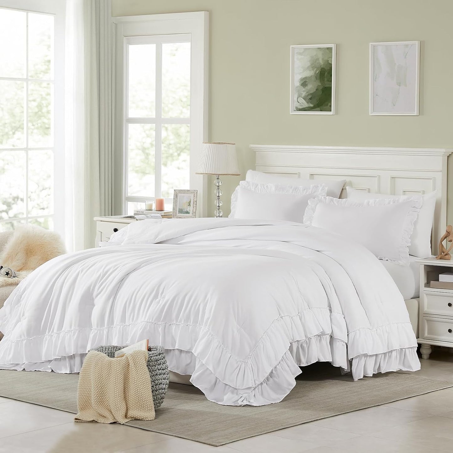 Cupocupa White Comforter Set for Twin XL with Ruffle Trim