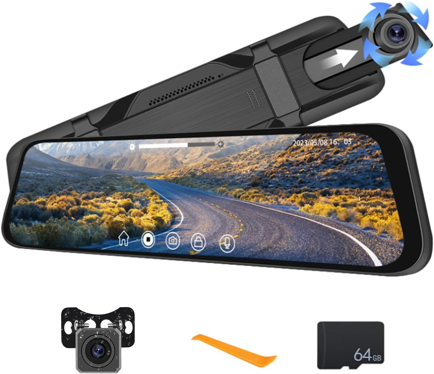 CAMECHO 9.66in Mirror Dash Cam with 1080P Front and Rear View