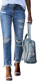 Ripped Straight Leg Jeans for Women - Distressed Boyfriend Fit