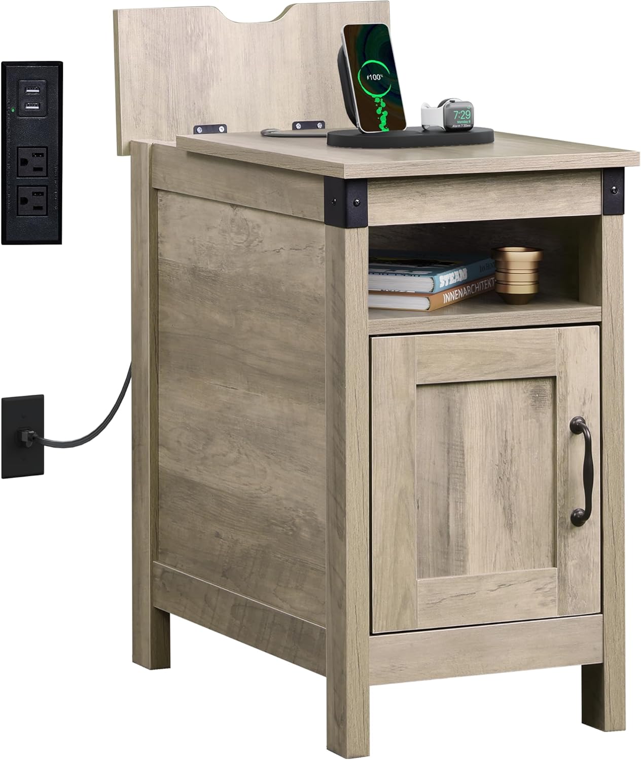 WLIVE Farmhouse End Table with Charging Station and Storage