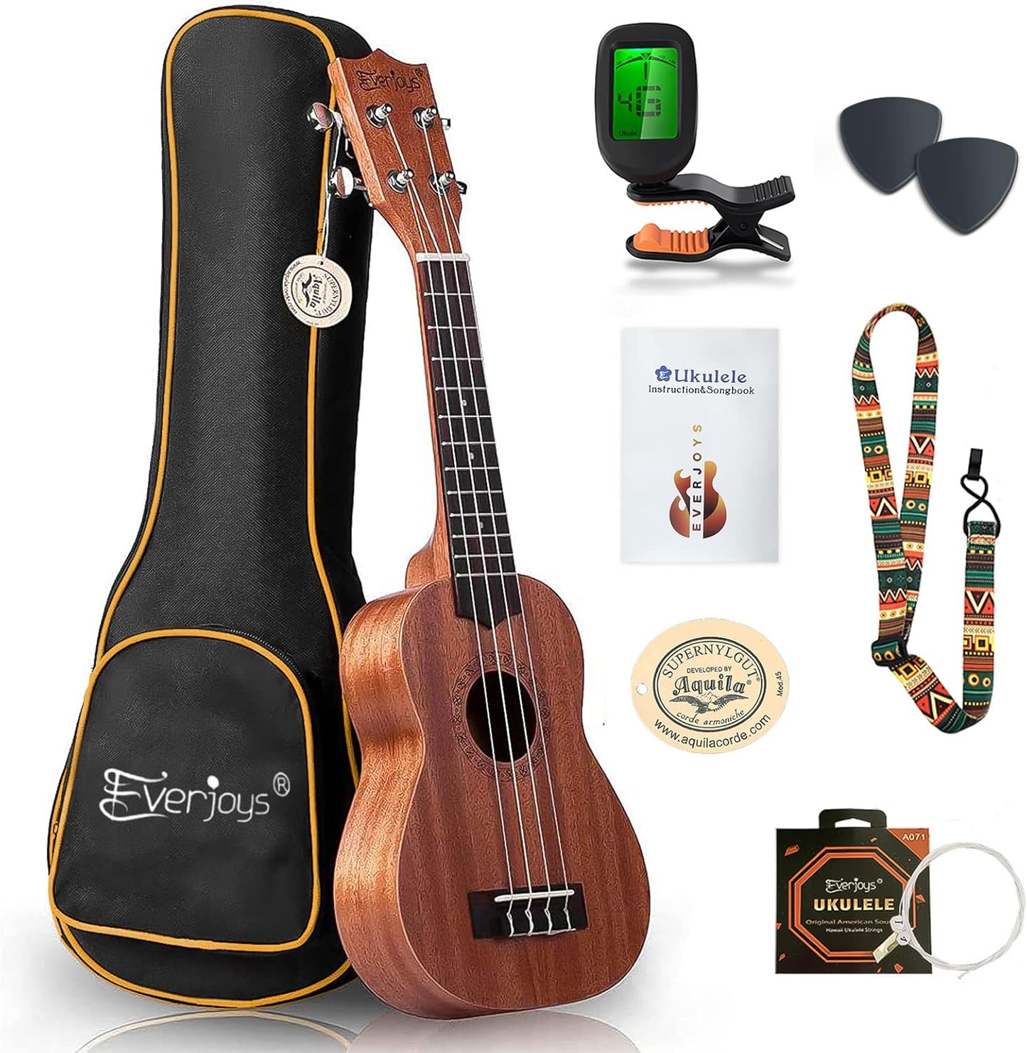 Everjoys Mahogany Soprano Ukulele Starter Kit for Beginners