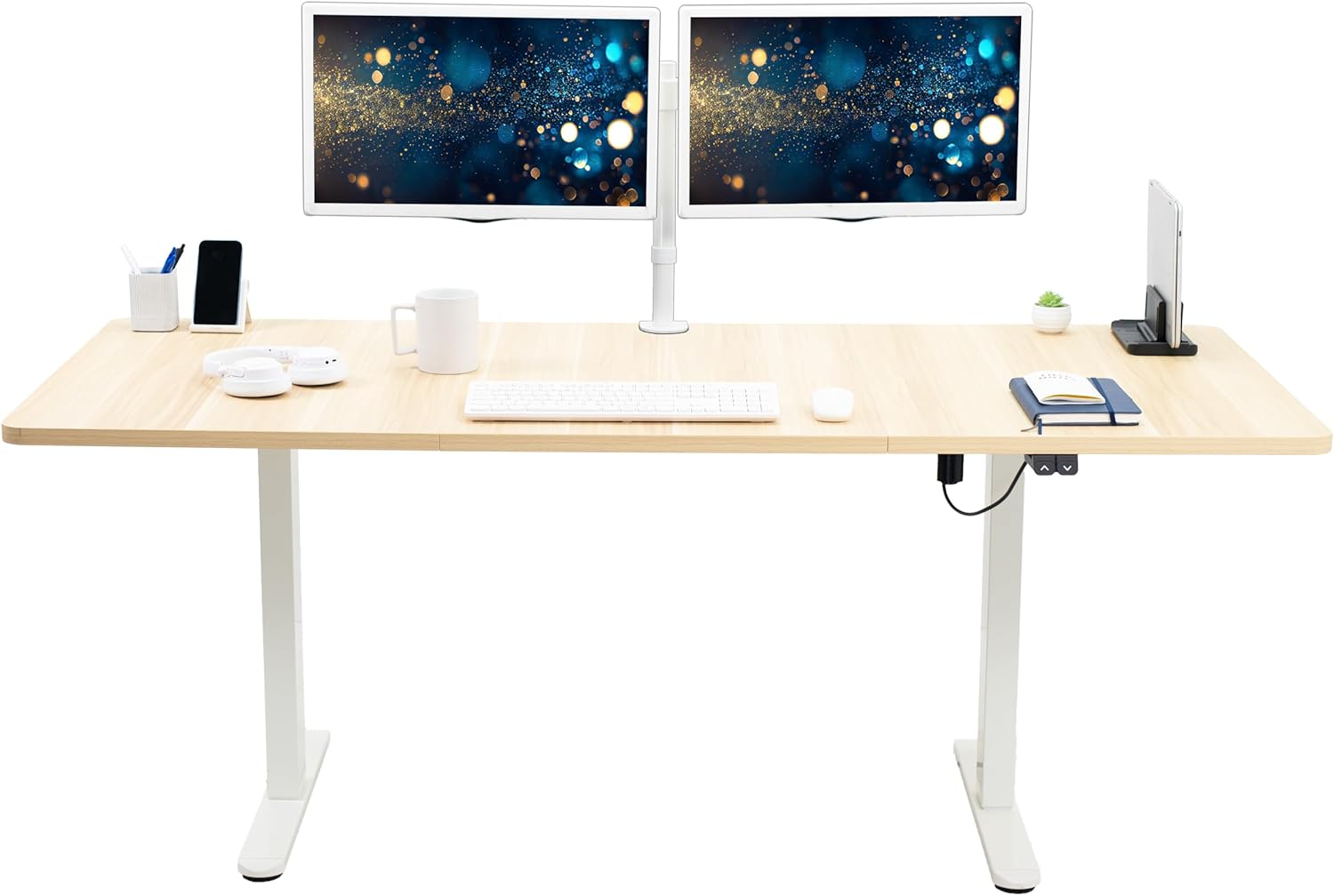 VIVO Electric Stand Up Desk with Light Wood Top and White Frame