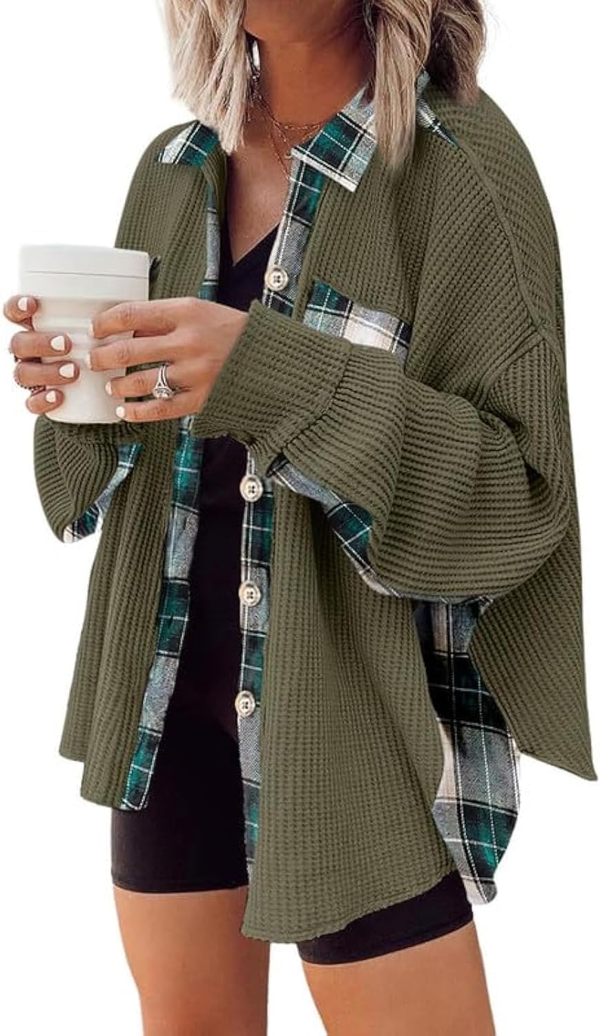 SHEWIN Womens Waffle Knit Plaid Shacket for Stylish Comfort