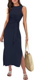 Womens Sleeveless Midi Dress Slim Fit Tie Waist Split - Summer