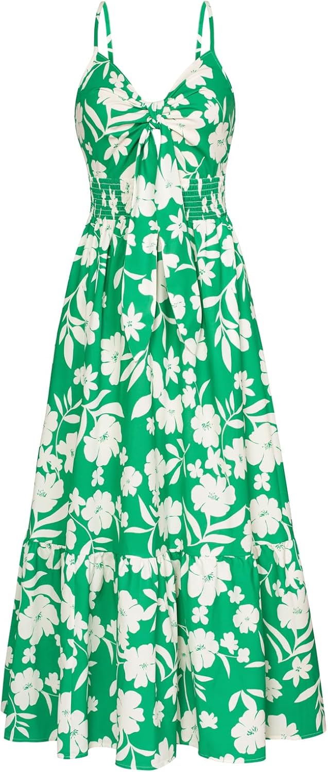 Summer Maxi Dress Floral Tie Front Spaghetti Strap Casual Style