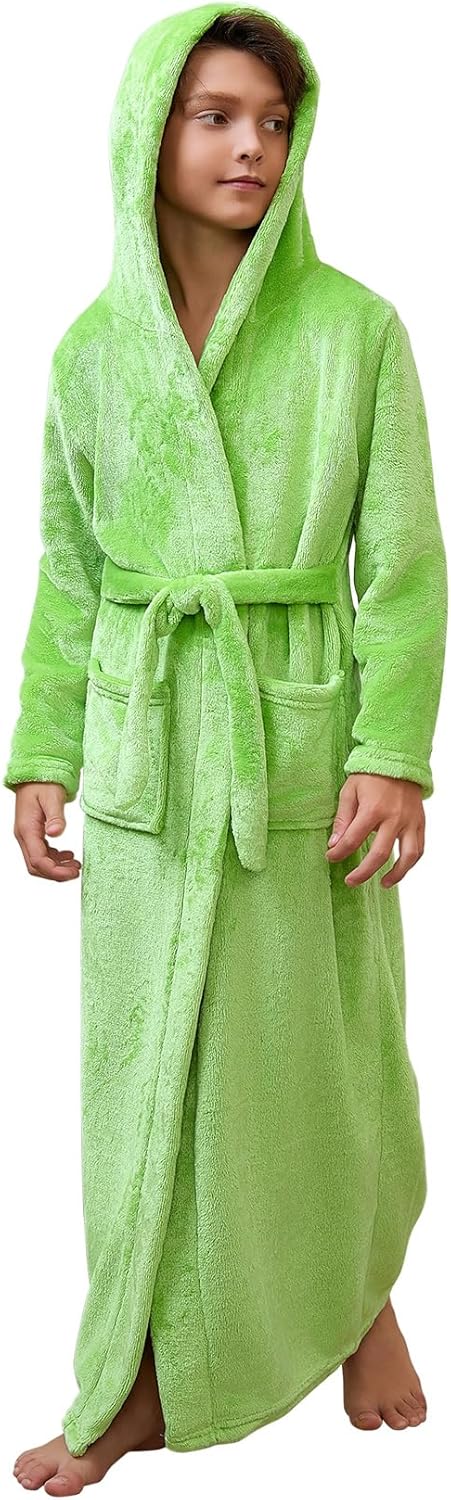 Jxstar Girls Bathrobes Long Hooded Plush Coral Fleece Sleepwear