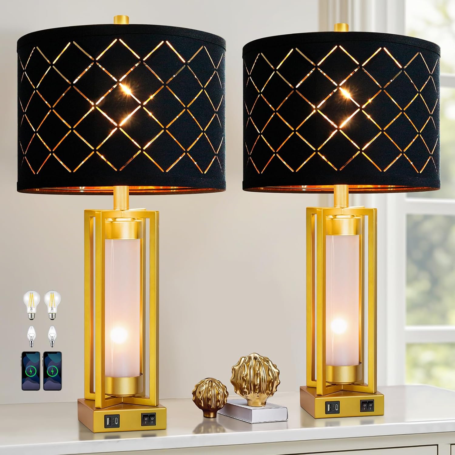 Modern Table Lamps Set of 2 with USB Charging Ports and Bulbs