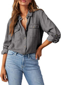 Women Button Down Denim Shirt Long Sleeve V Neck Chambray Top
