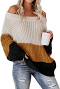 Womens Oversized Color Block Off The Shoulder Sweater - Chunky Knit