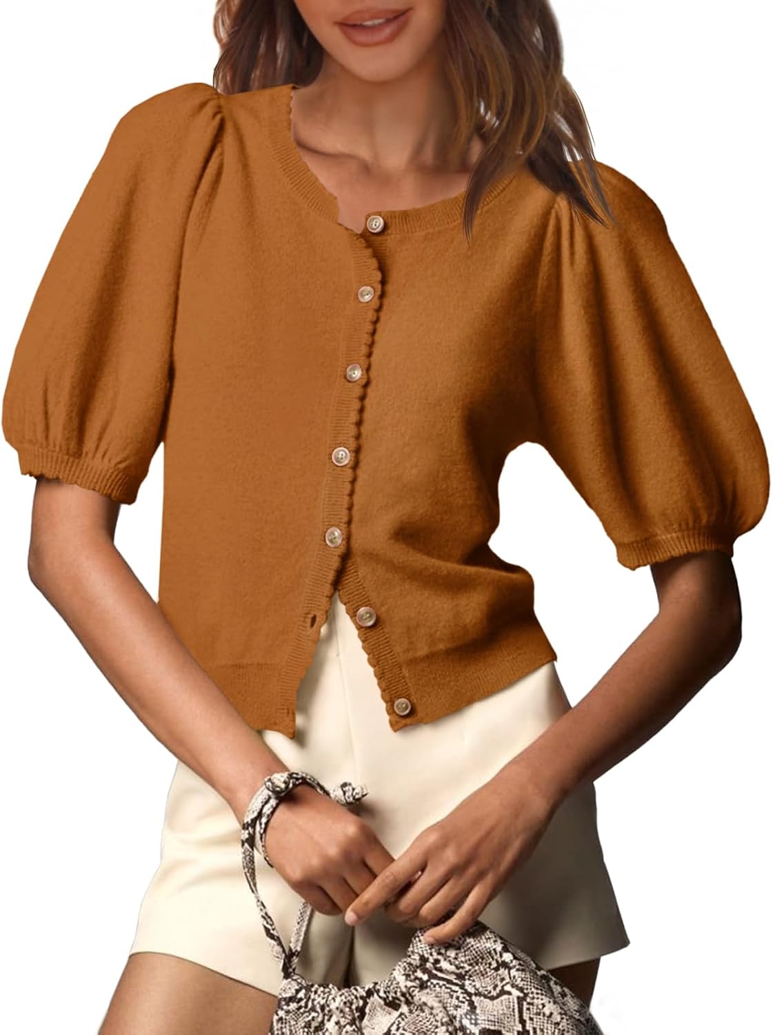 Saodimallsu Womens Puff Short Sleeve Cardigan for Summer Style