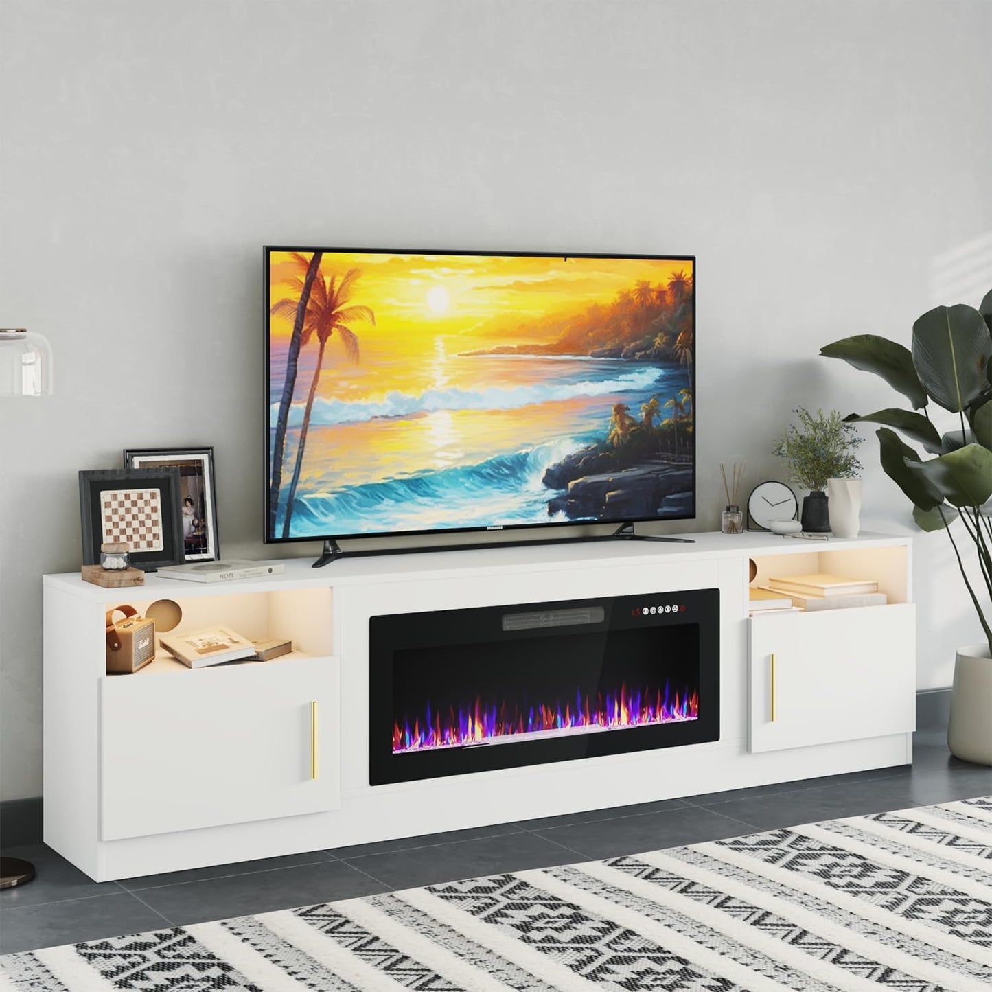Modern White Fireplace TV Stand - Fits 90 TVs, LED Lights, Remote, Storage