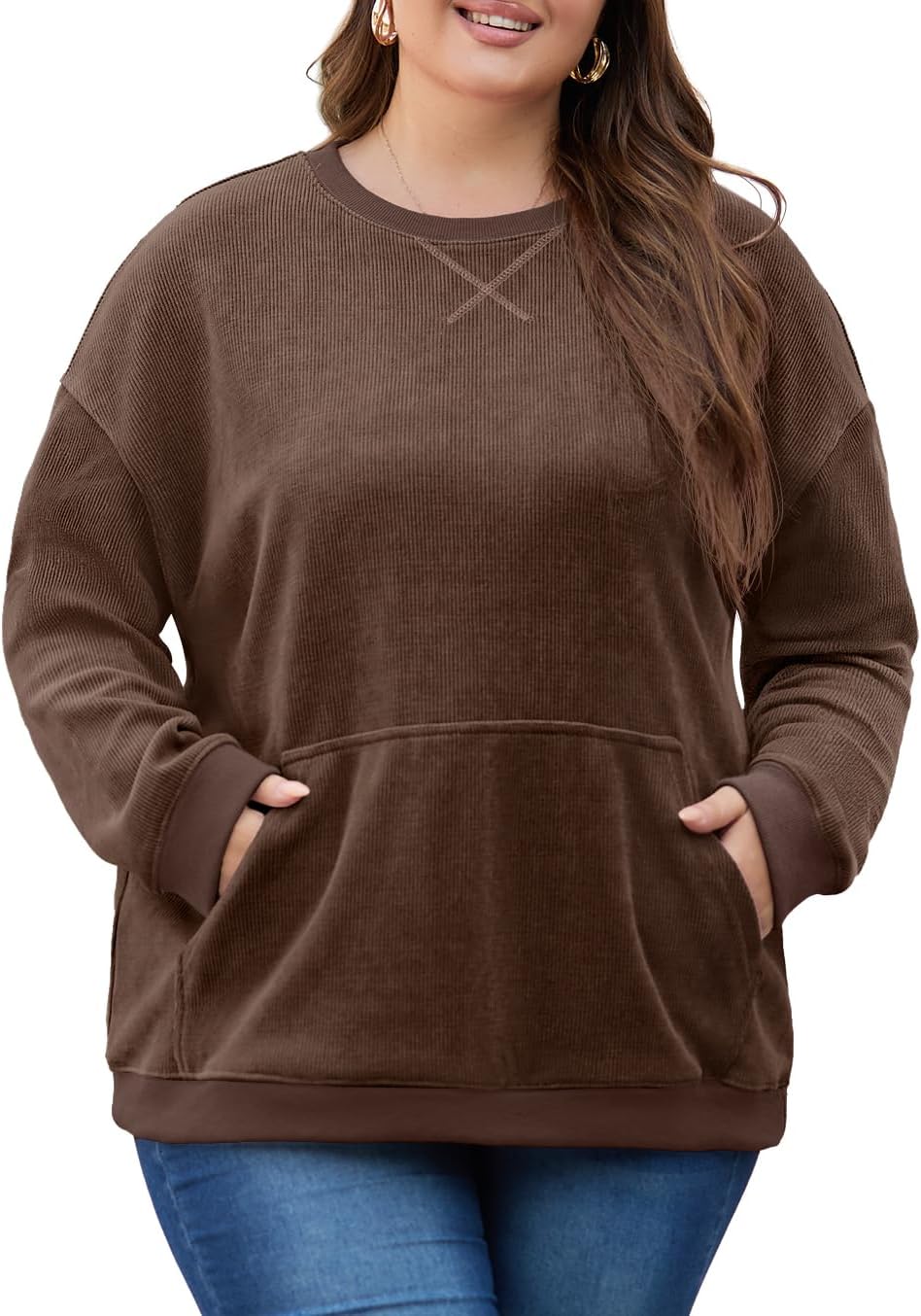 OLRIK Women Plus Size Oversized Corduroy Sweatshirt with Pocket