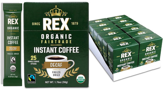 Rex Coffee Organic Fairtrade Decaf Instant Sticks for Easy Brewing