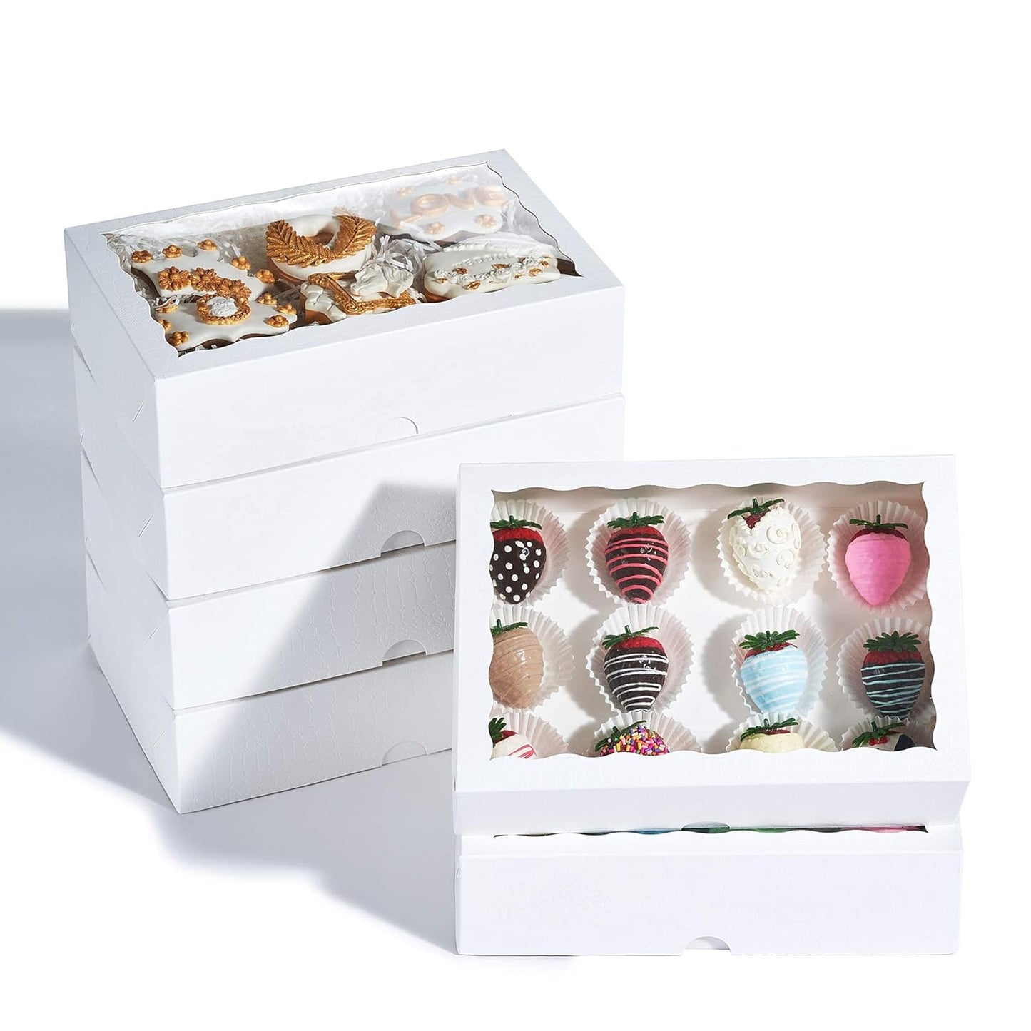 Elegant White Bakery Boxes for Strawberries and Cookies Display