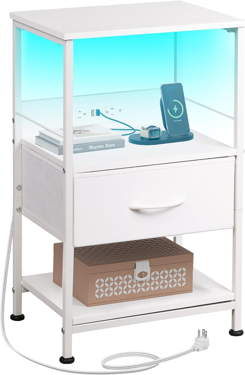 WLIVE White Night Stand with Charging Station and LED Lights