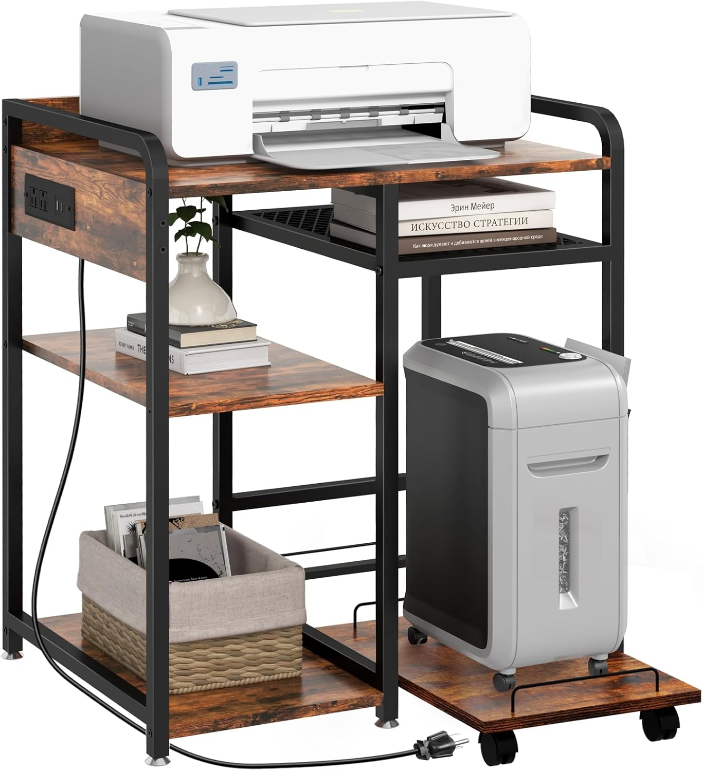 Large Printer Stand with Storage and Charging for Home Office