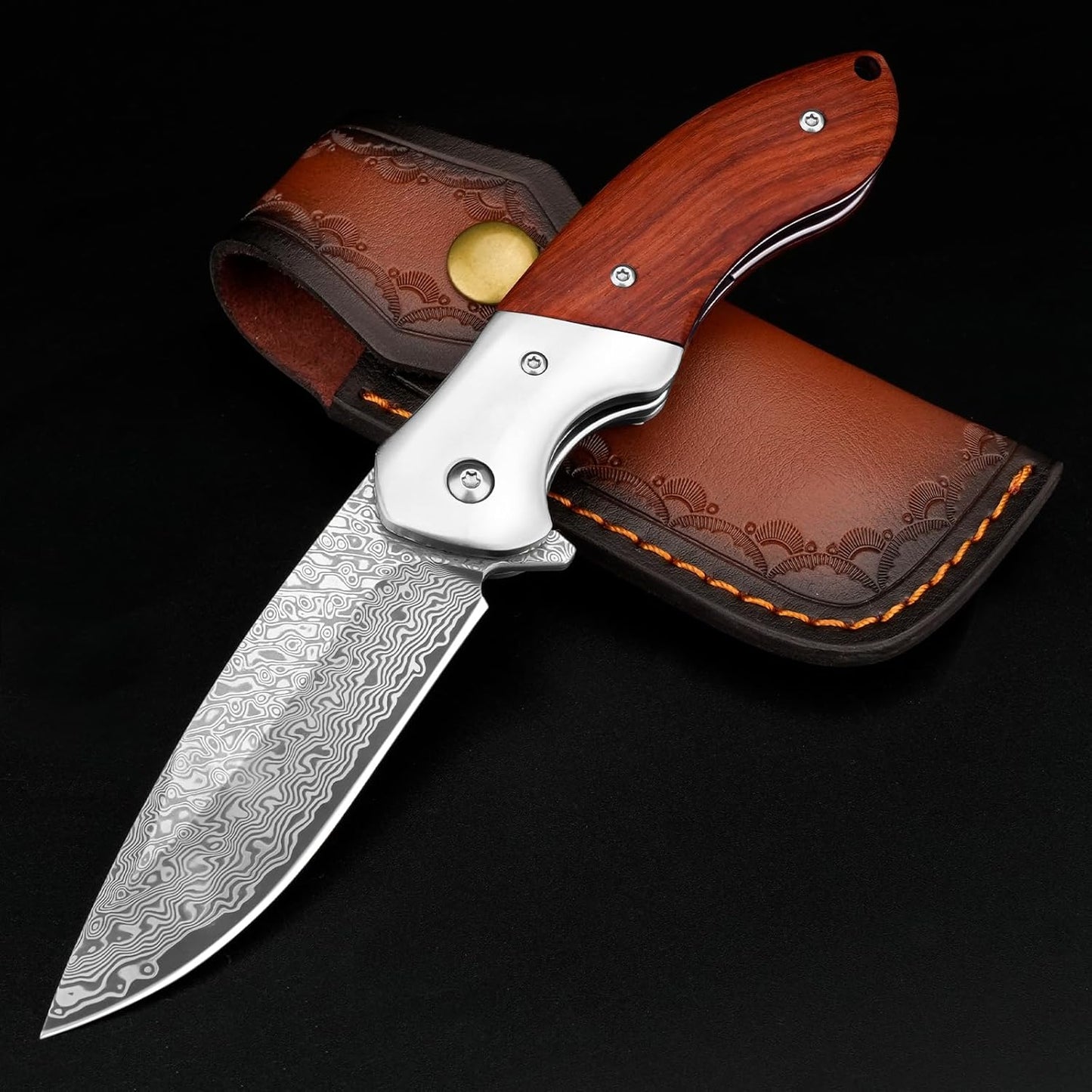KOMWERO Damascus Pocket Knife with VG10 Steel Blade and Clip