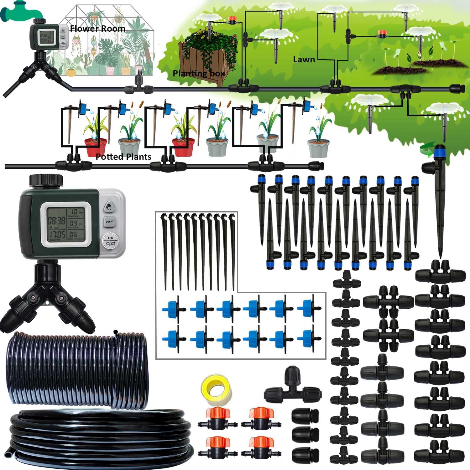 Drip Irrigation System with Water Timer for Garden and Lawn