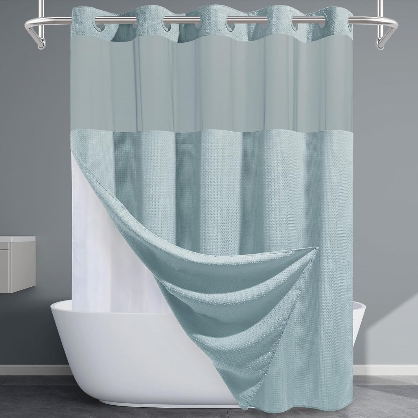 Fog Blue Long No Hook Shower Curtain with Snap in Liner