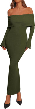 Women's Off The Shoulder Sweater Dress Maxi - Ribbed Bodycon Long
