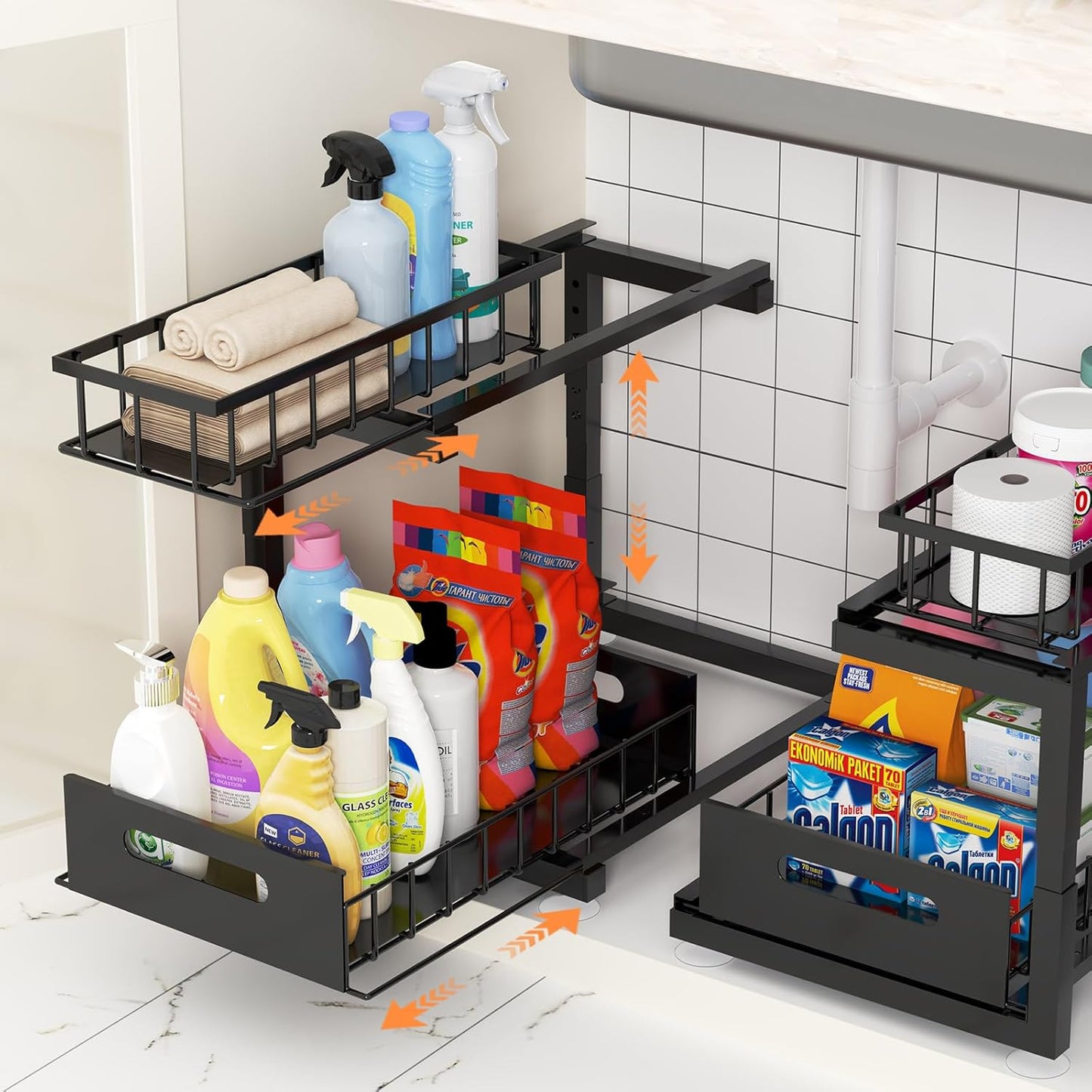 2 Pack Under Sink Organizer with Adjustable Height for Storage