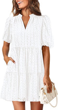 Eyelet Summer Dress for Women Mini Hollow Out Tiered V Neck