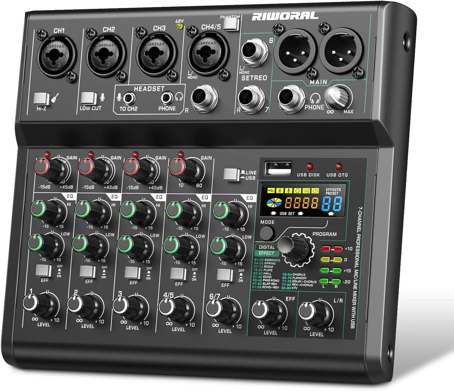USB Interface Audio 7 Channel Mixer with Effects for DJs