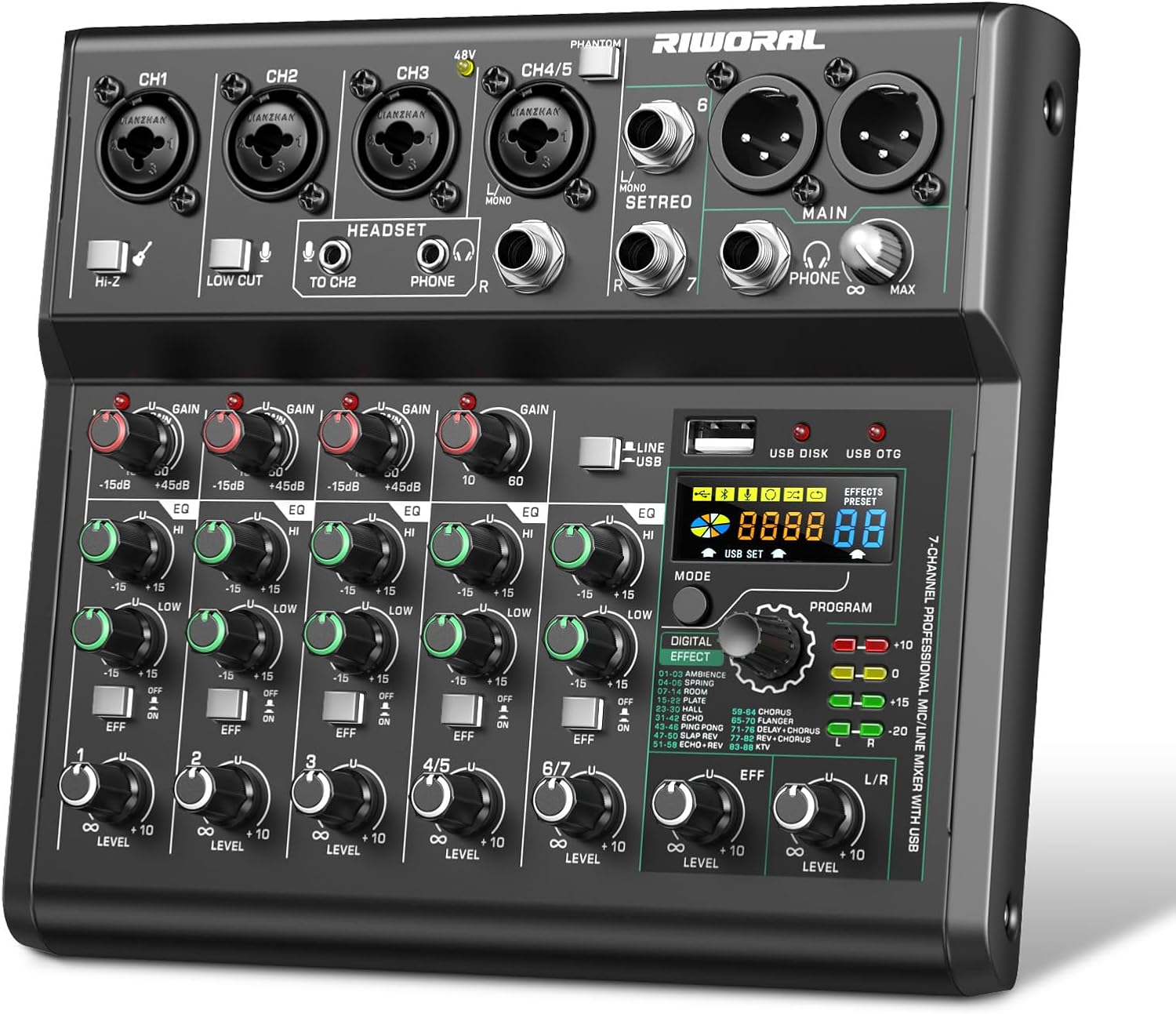 USB Interface Audio 7 Channel Mixer with Effects for DJs
