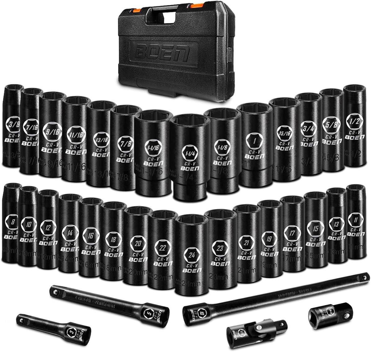 BOEN 35PCS 1/2 Drive Impact Socket Set for Auto Repair Needs
